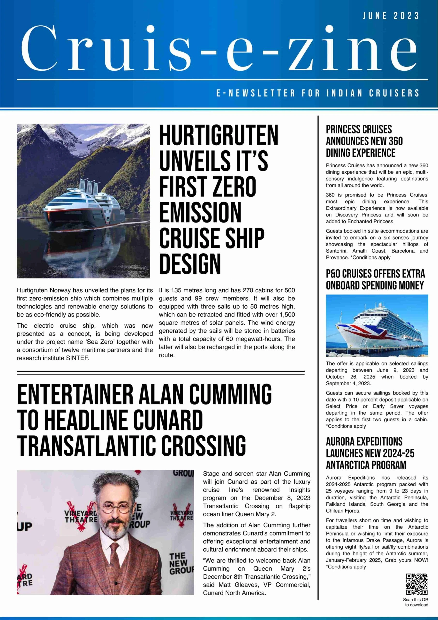 Cover of the Cruis-e-zine June 2023 issue highlighting Hurtigruten's zero-emission cruise ship and cruise industry news.