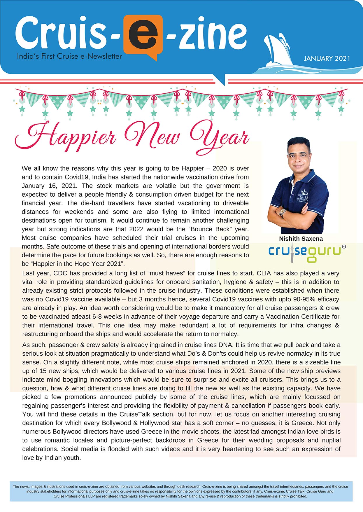 Cover of the Cruis-e-zine January 2021 issue featuring New Year cruise industry insights and travel updates.