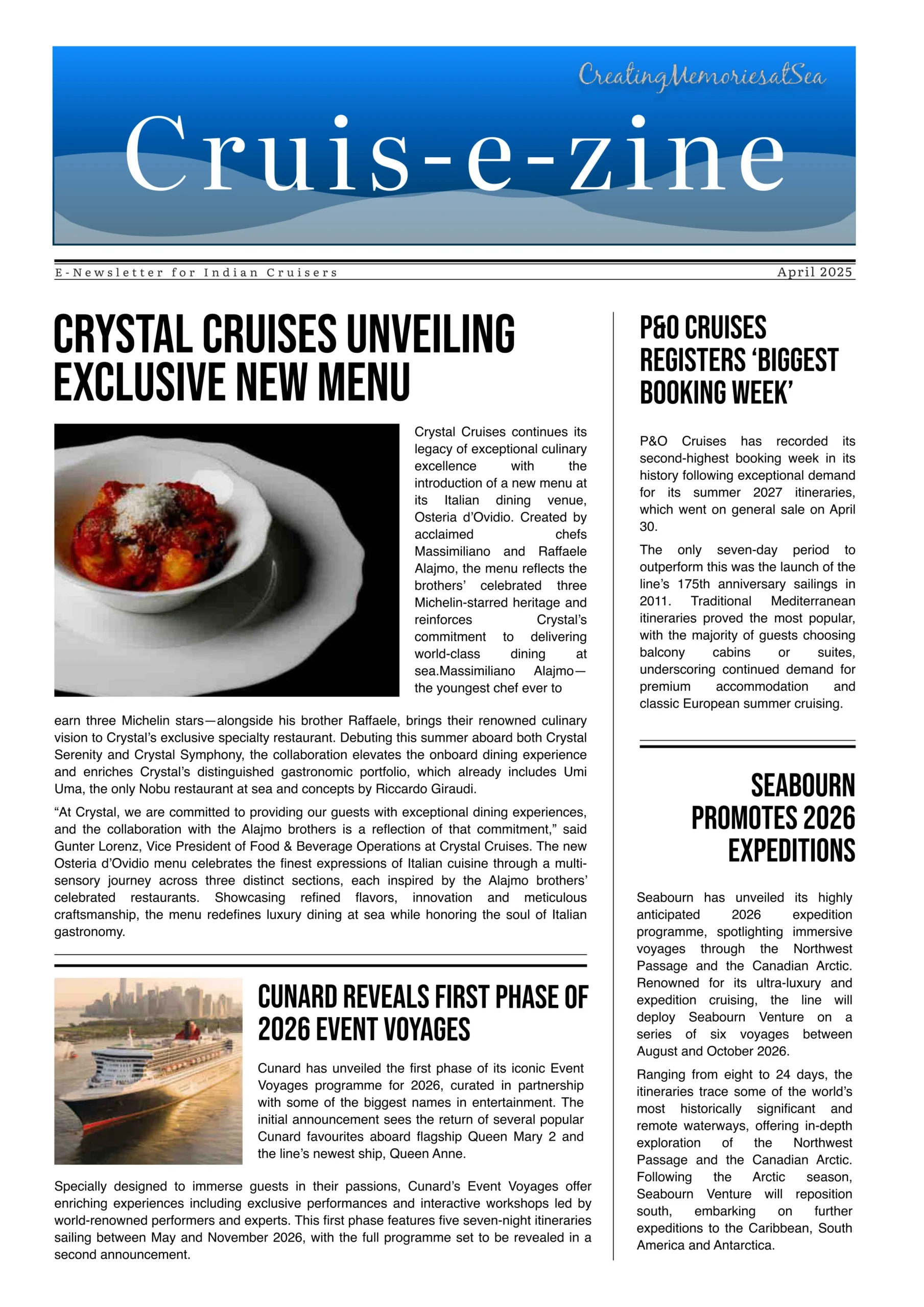 Cruis-e-zine April 2025 cover featuring Crystal Cruises' gourmet dining and Cunard fleet renovation news.