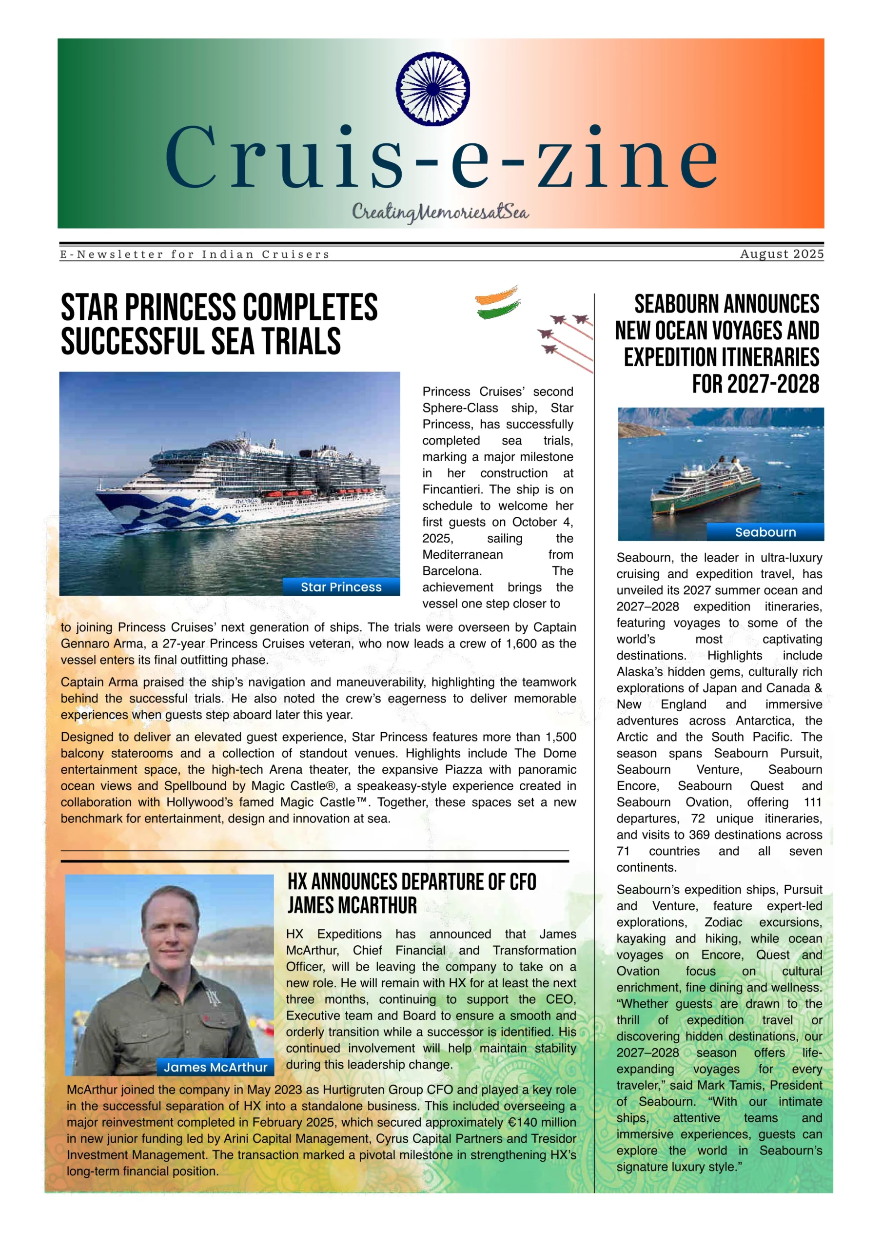 August 2025 Cruis-e-zine cover showing the Star Princess at sea and Seabourn expedition ship.