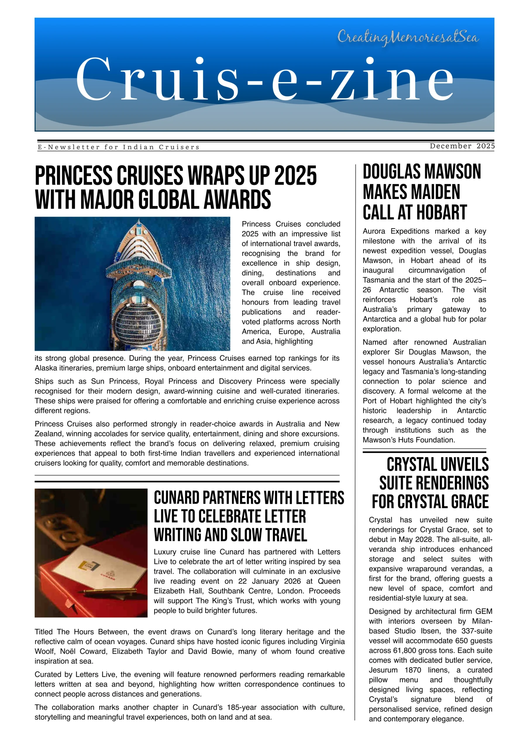 Cruis-e-zine December 2025 cover showcasing major cruise industry awards and Cunard letters of intent.