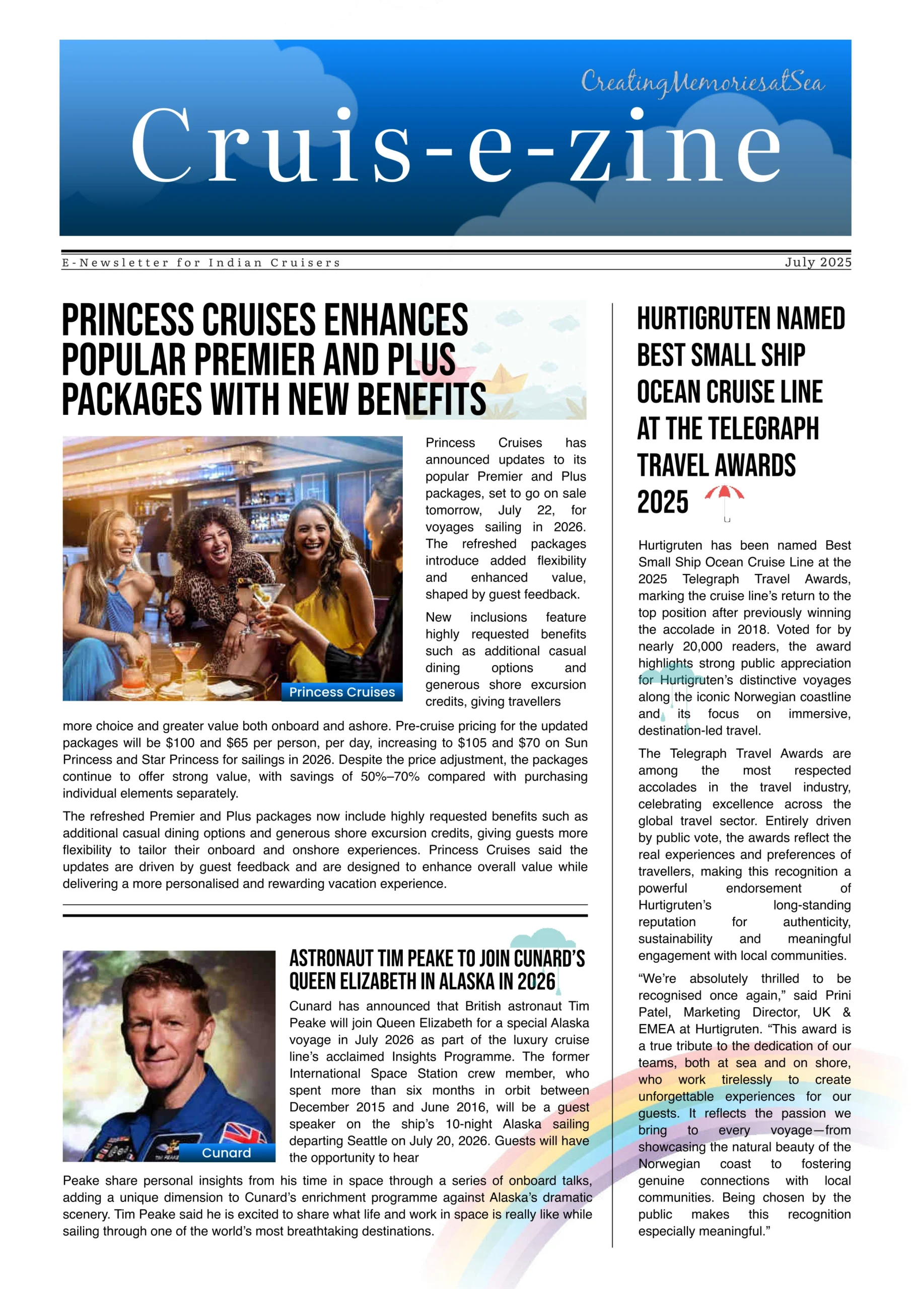 July 2025 Cruis-e-zine cover featuring Princess Cruises passenger benefits and Hurtigruten award news.