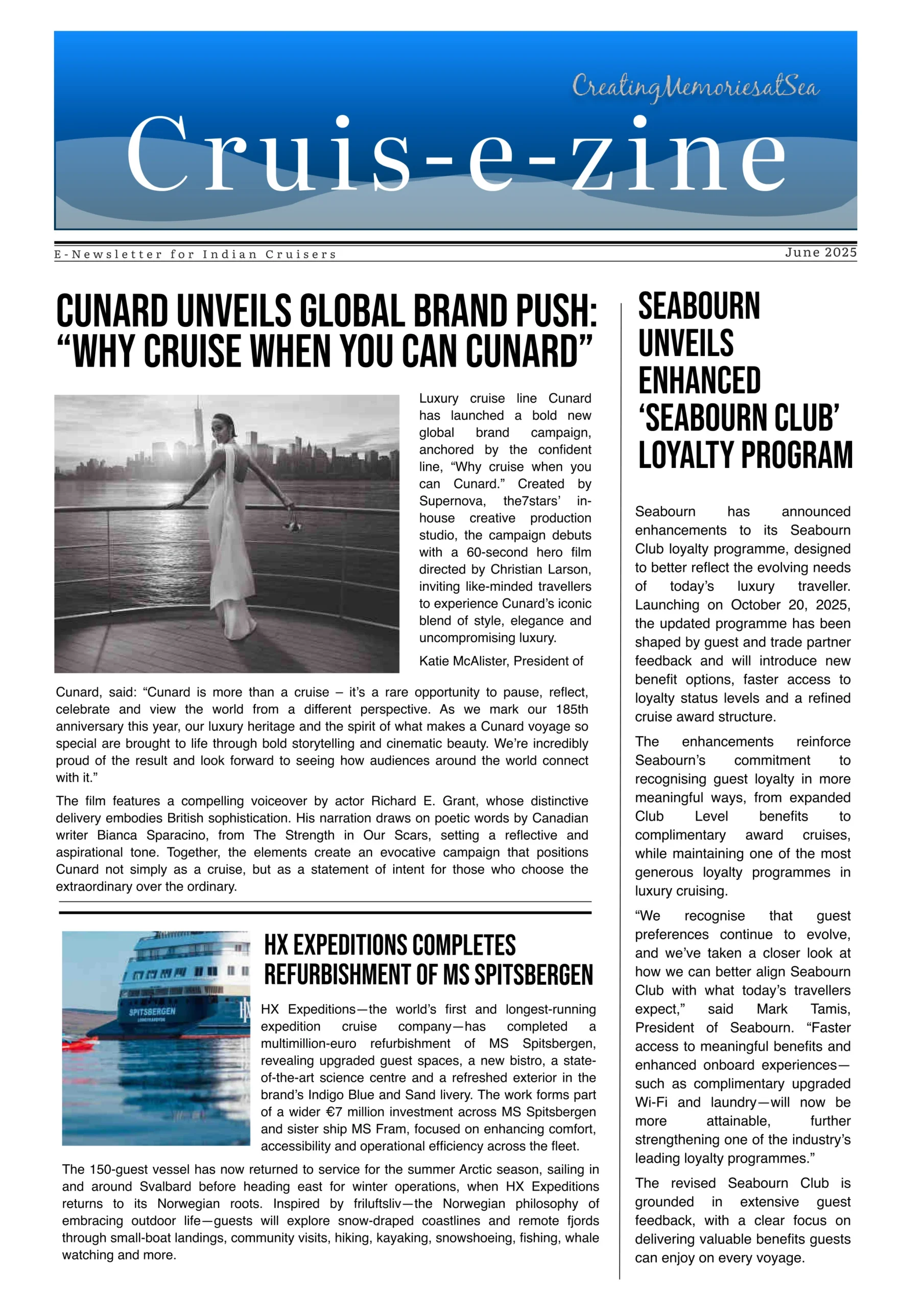 June 2025 Cruis-e-zine cover highlighting Cunard luxury travel and Seabourn expedition updates.