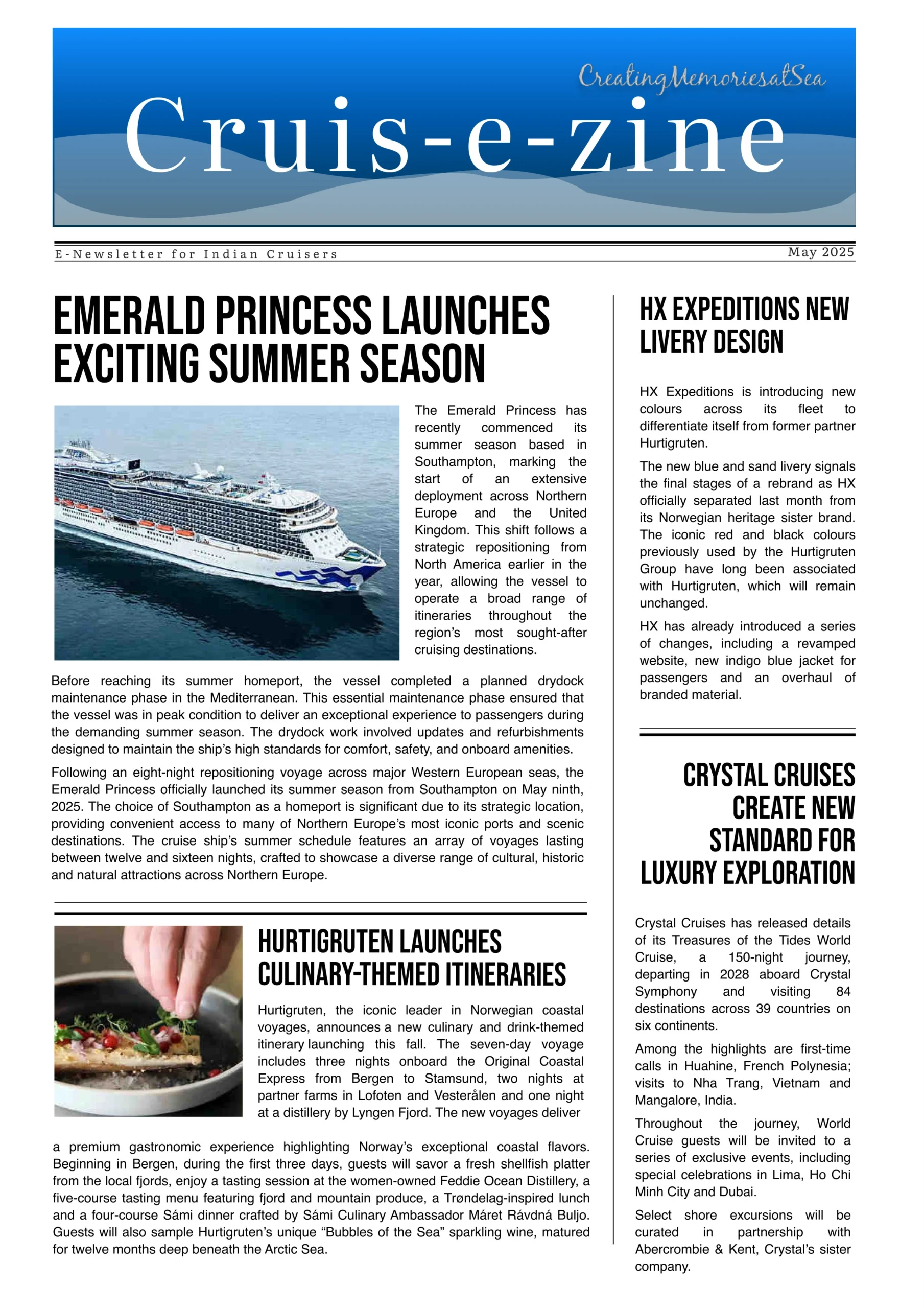 Cruis-e-zine May 2025 cover featuring the Emerald Princess ship and gourmet culinary photography.