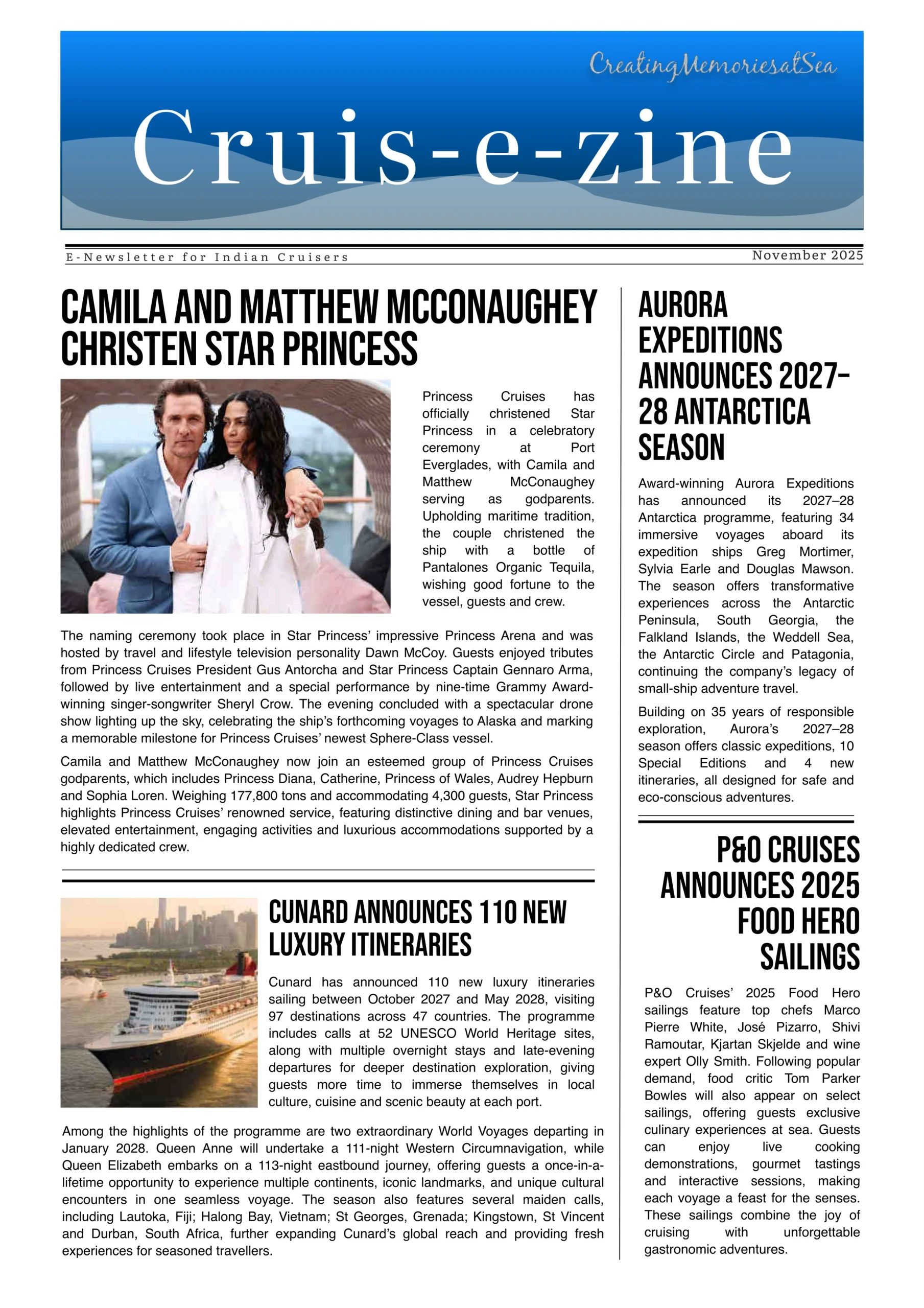 November 2025 Cruis-e-zine cover featuring celebrity ship christening and Aurora Expeditions 2027 previews.