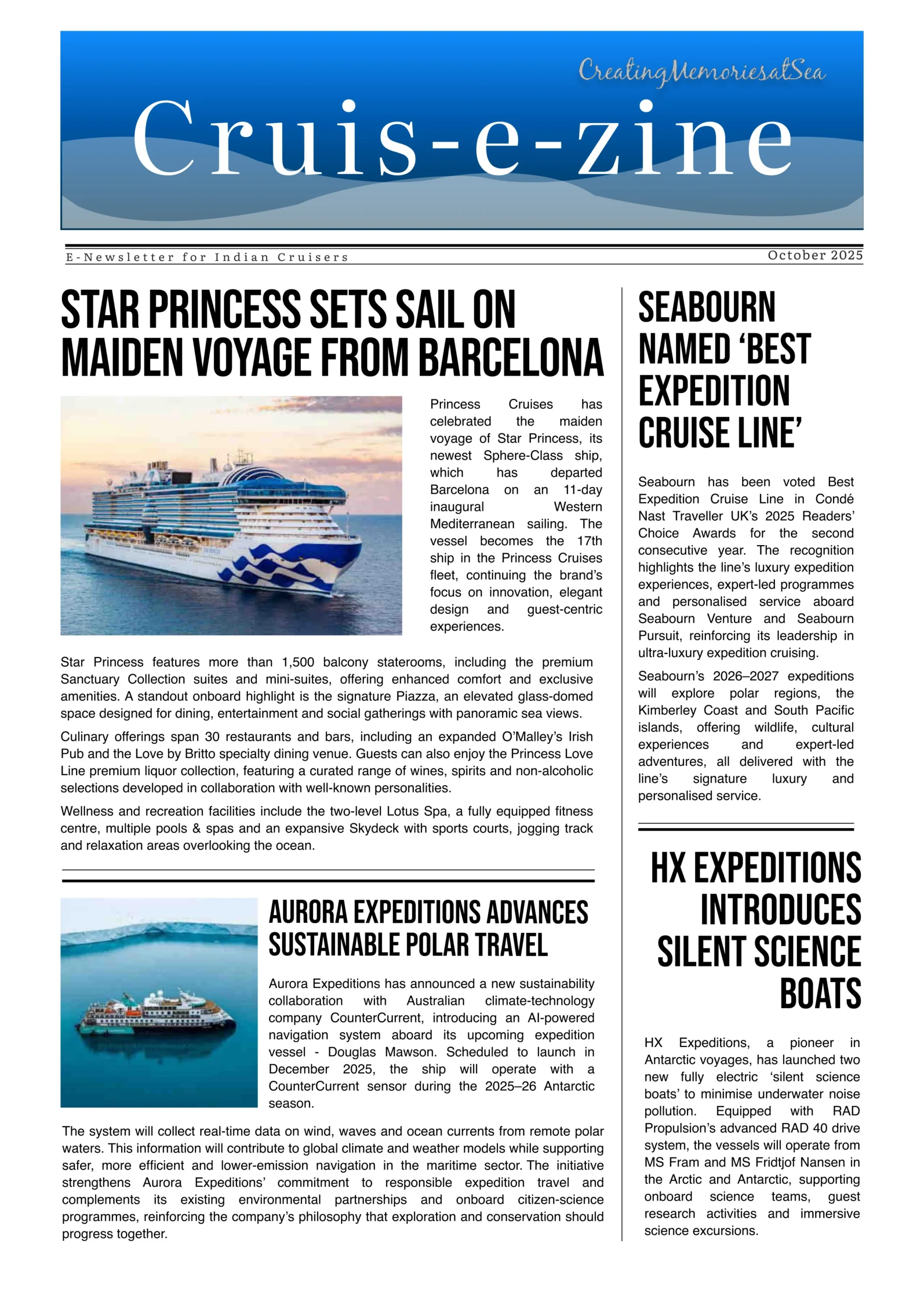 October 2025 Cruis-e-zine cover featuring the Star Princess in Barcelona and HX Expeditions science vessels.