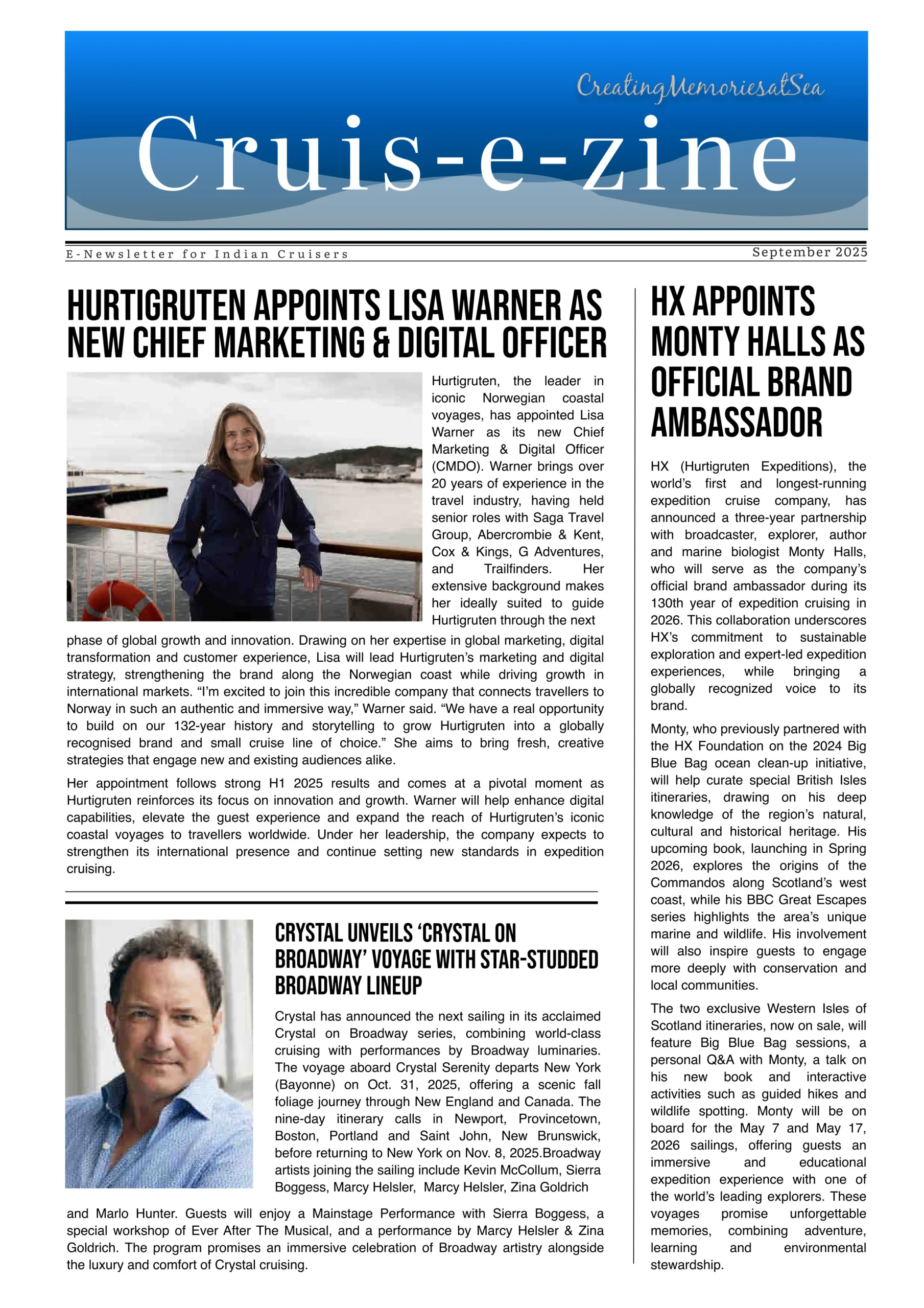 Alt-Text: September 2025 Cruis-e-zine cover featuring executive appointments and Hurtigruten brand ambassadors.