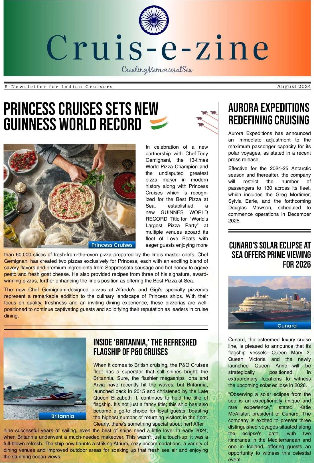 Front cover of Cruis-e-zine August 2024 newsletter with an Indian flag theme featuring cruise headlines and articles.