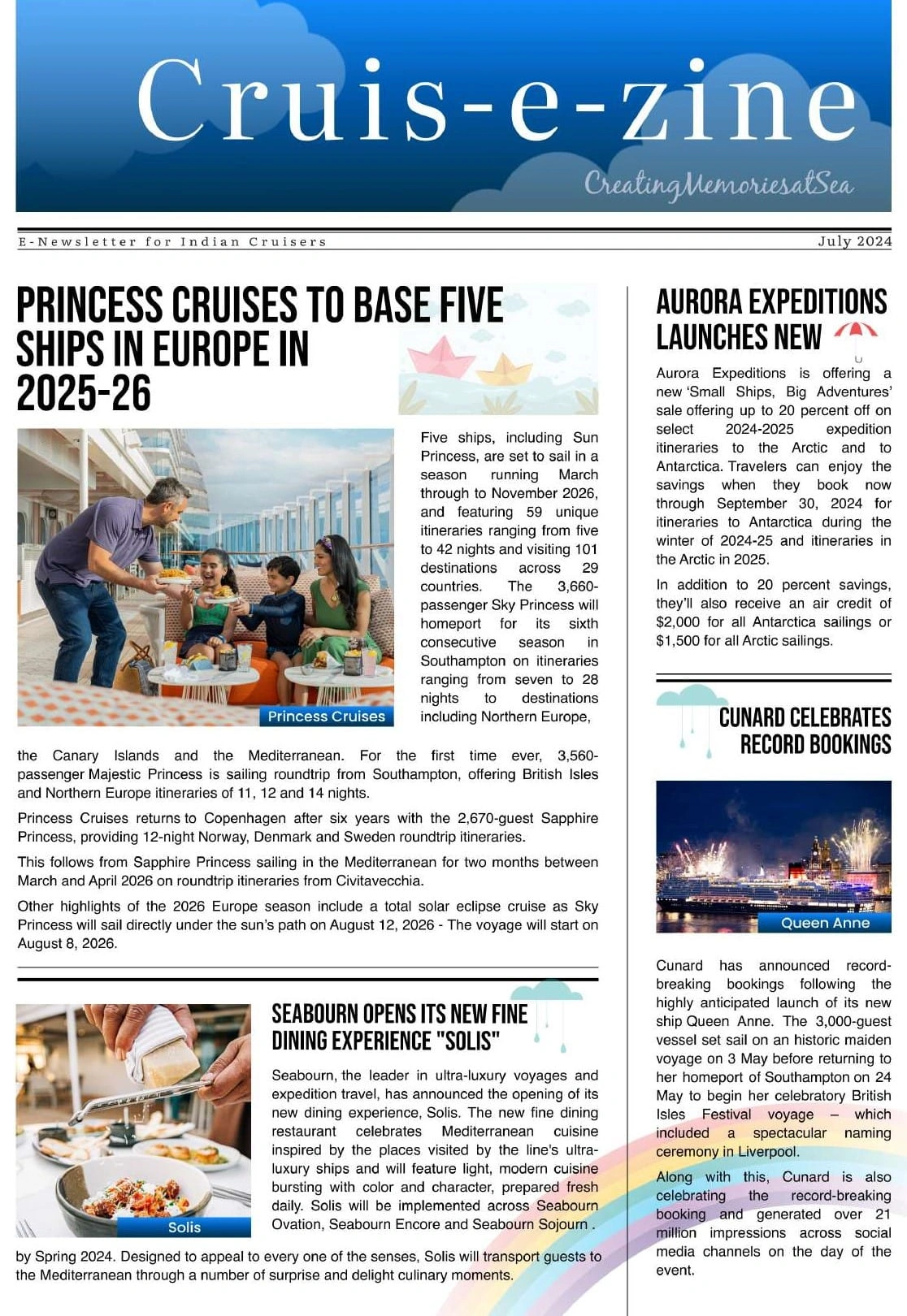Cover of the Cruis-e-zine July 2024 digital newsletter featuring cruise industry news and updates.