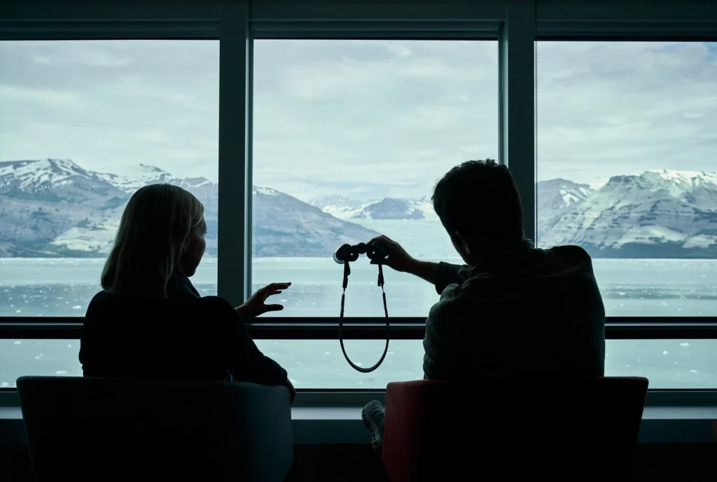 Two passengers looking through binoculars from a ship's observation lounge.