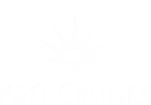 White P&O Cruises sunburst emblem and typography on a black background.
