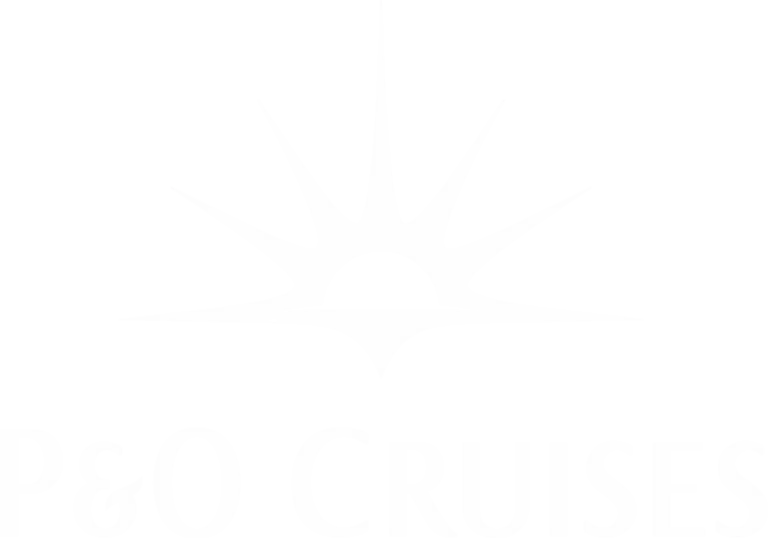 White P&O Cruises sunburst emblem and typography on a black background.