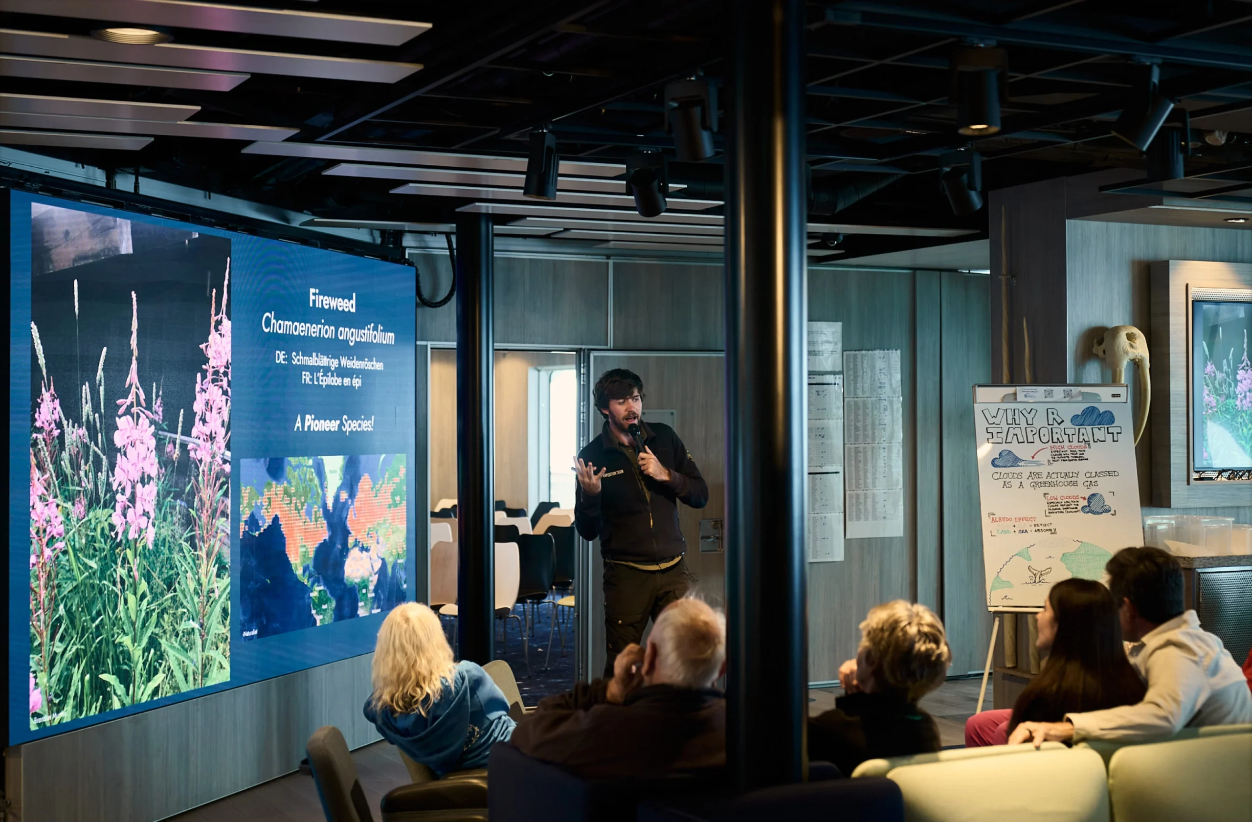 An onboard Science Center with a presentation on local flora and fauna.
