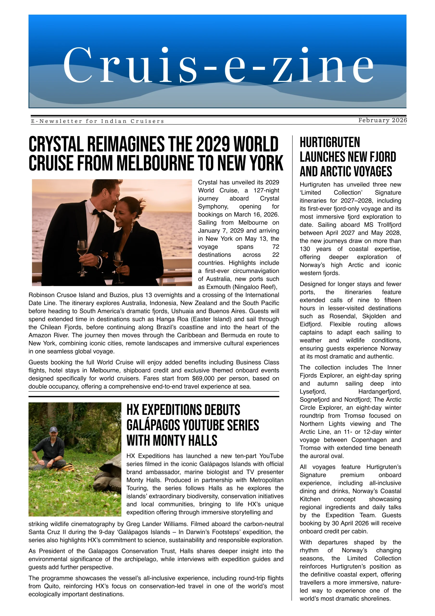 Cruis-e-zine February 2026 digital news Crystal World Cruise and HX Expeditions.