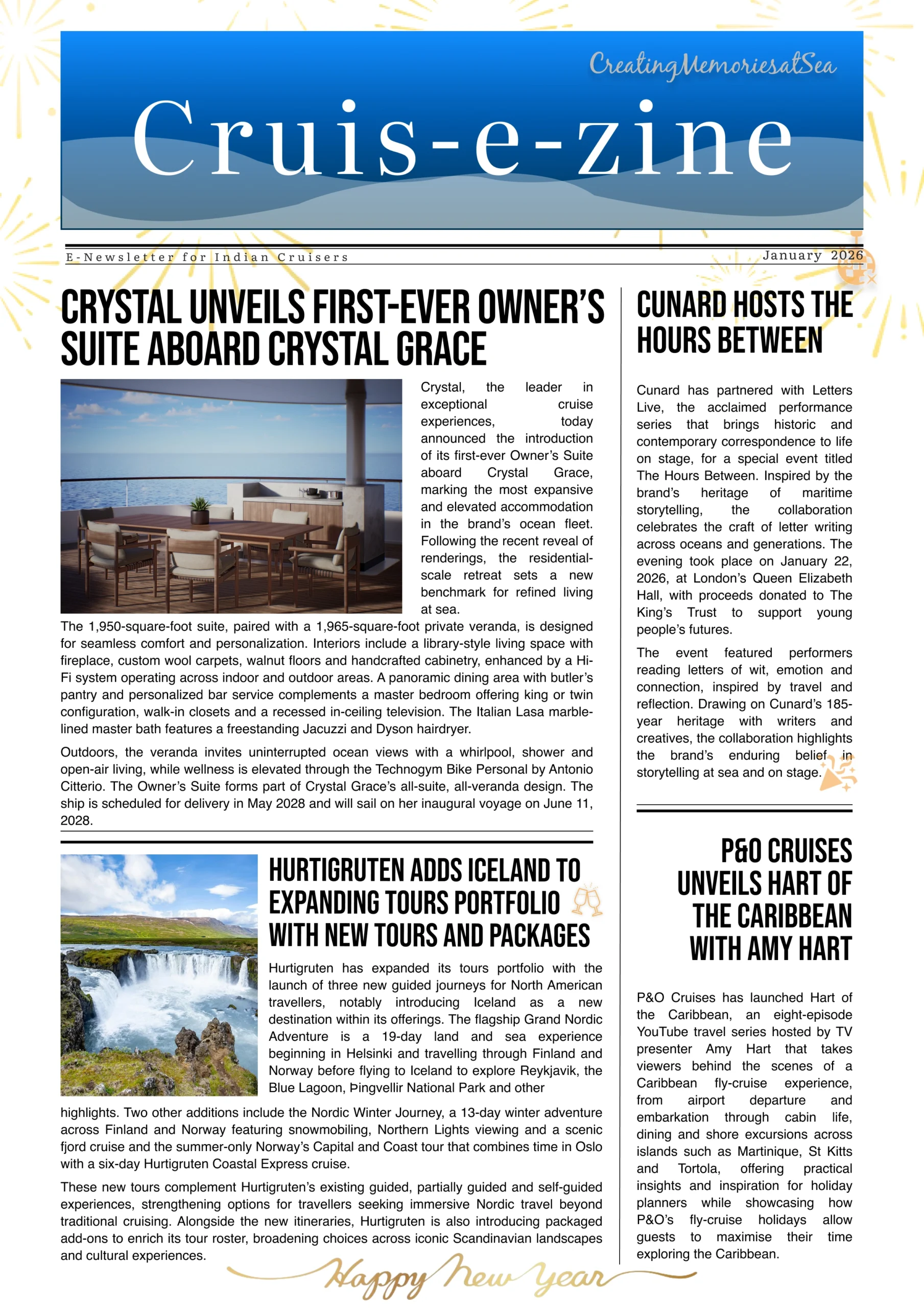 Cruis-e-zine January 2026 luxury cruise news Crystal Grace and Hurtigruten updates.