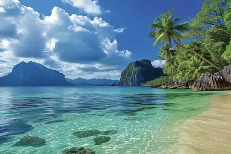 Caribbean cruise destination with tropical beach, turquoise waters and palm trees