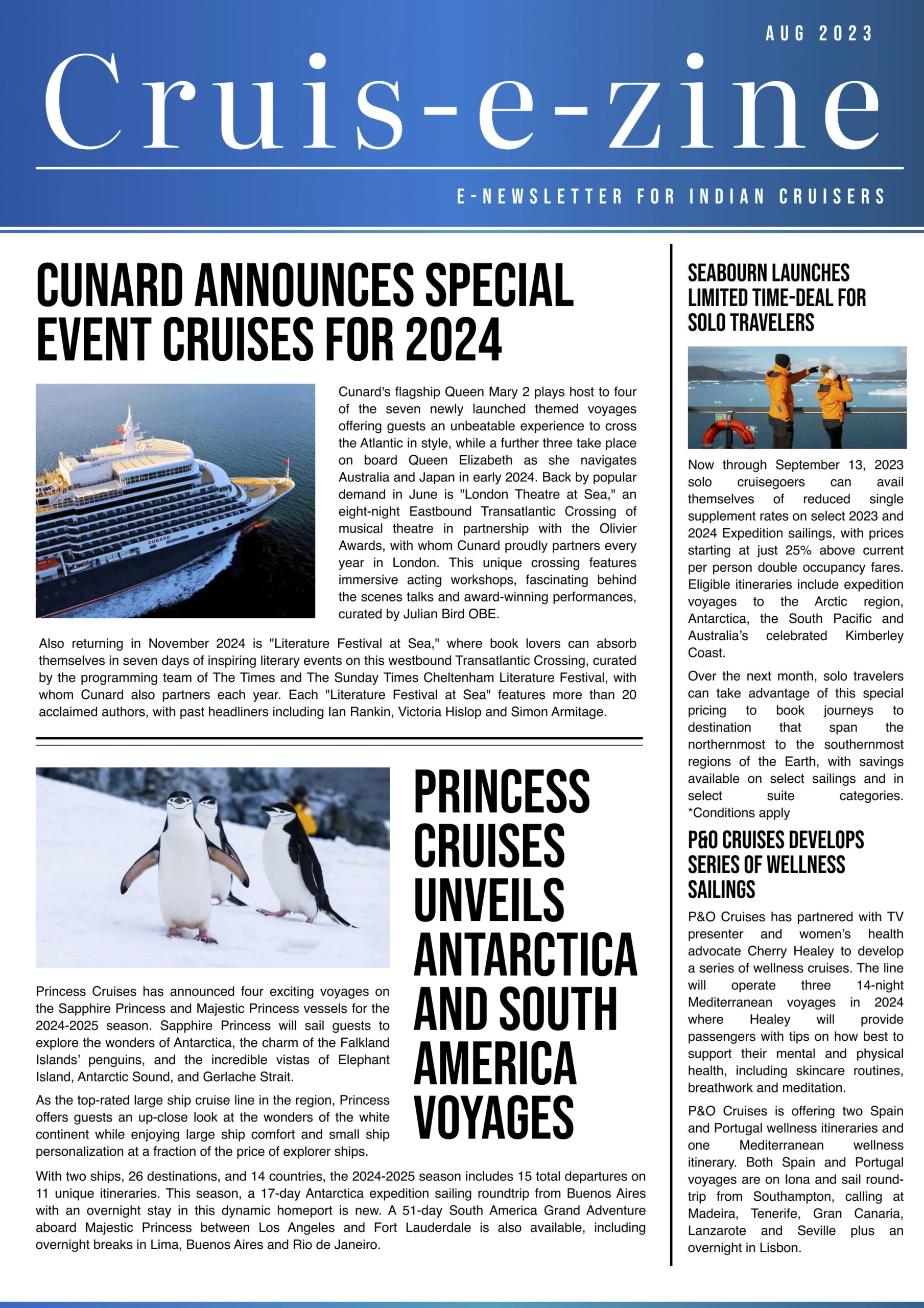 Cruis-e-zine August 2023 digital magazine cover featuring Cunard's newest Queen, Princess Cruises Antarctica voyages, and cruise industry news.