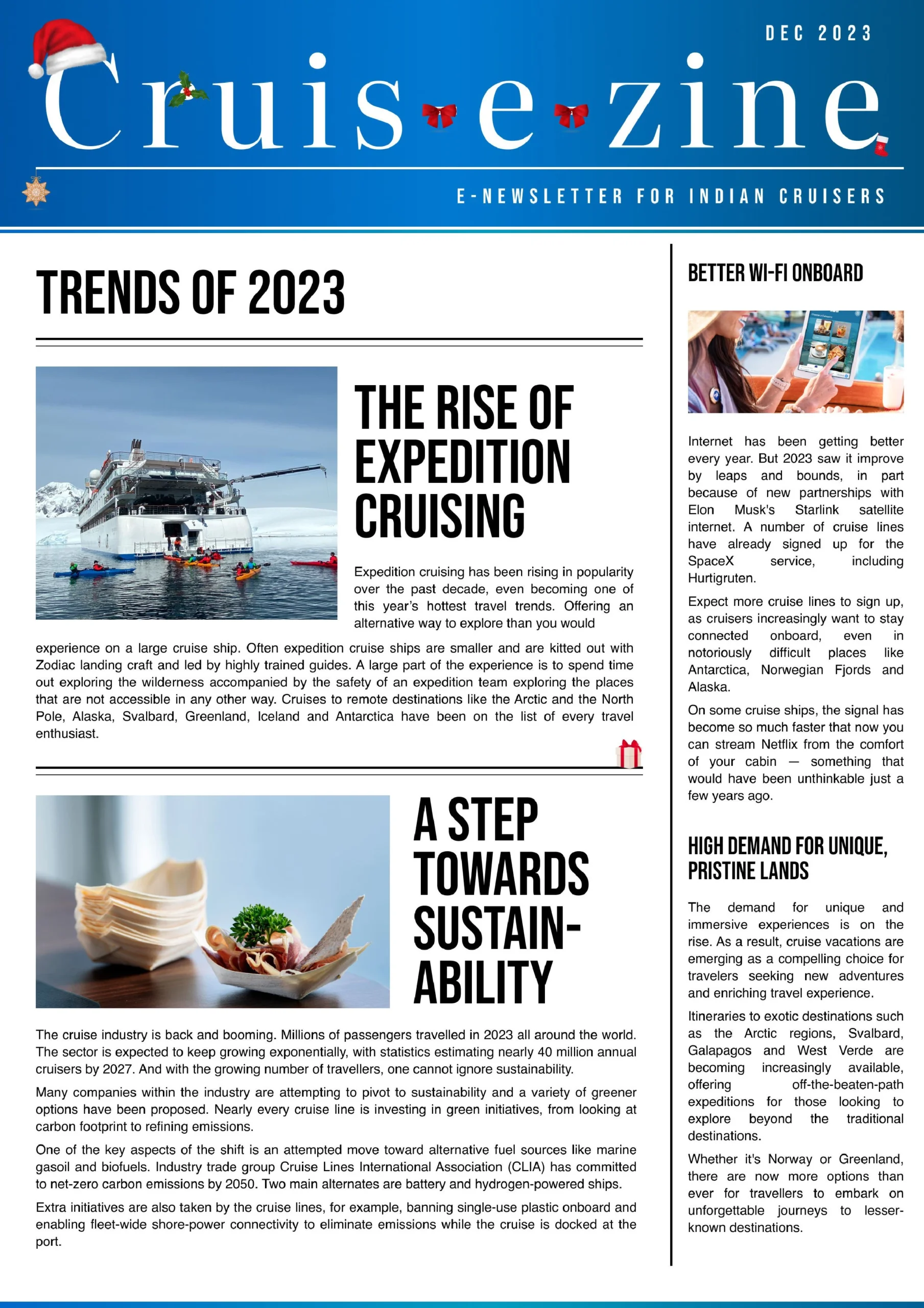 Cruis-e-zine December 2023 digital magazine cover featuring the rise of expedition cruising, sustainability, and cruise travel trends.
