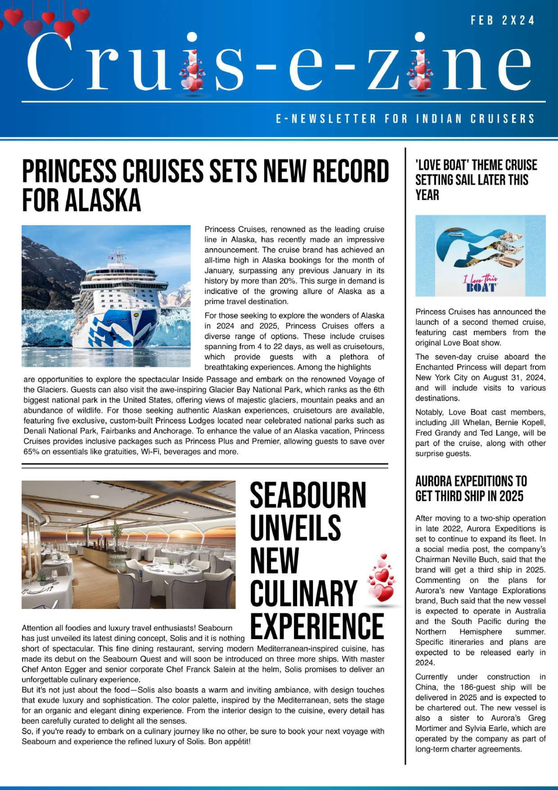 Cruis-e-zine February 2024 digital magazine cover featuring Princess Cruises Alaska record, Seabourn culinary experiences, and cruise industry news.