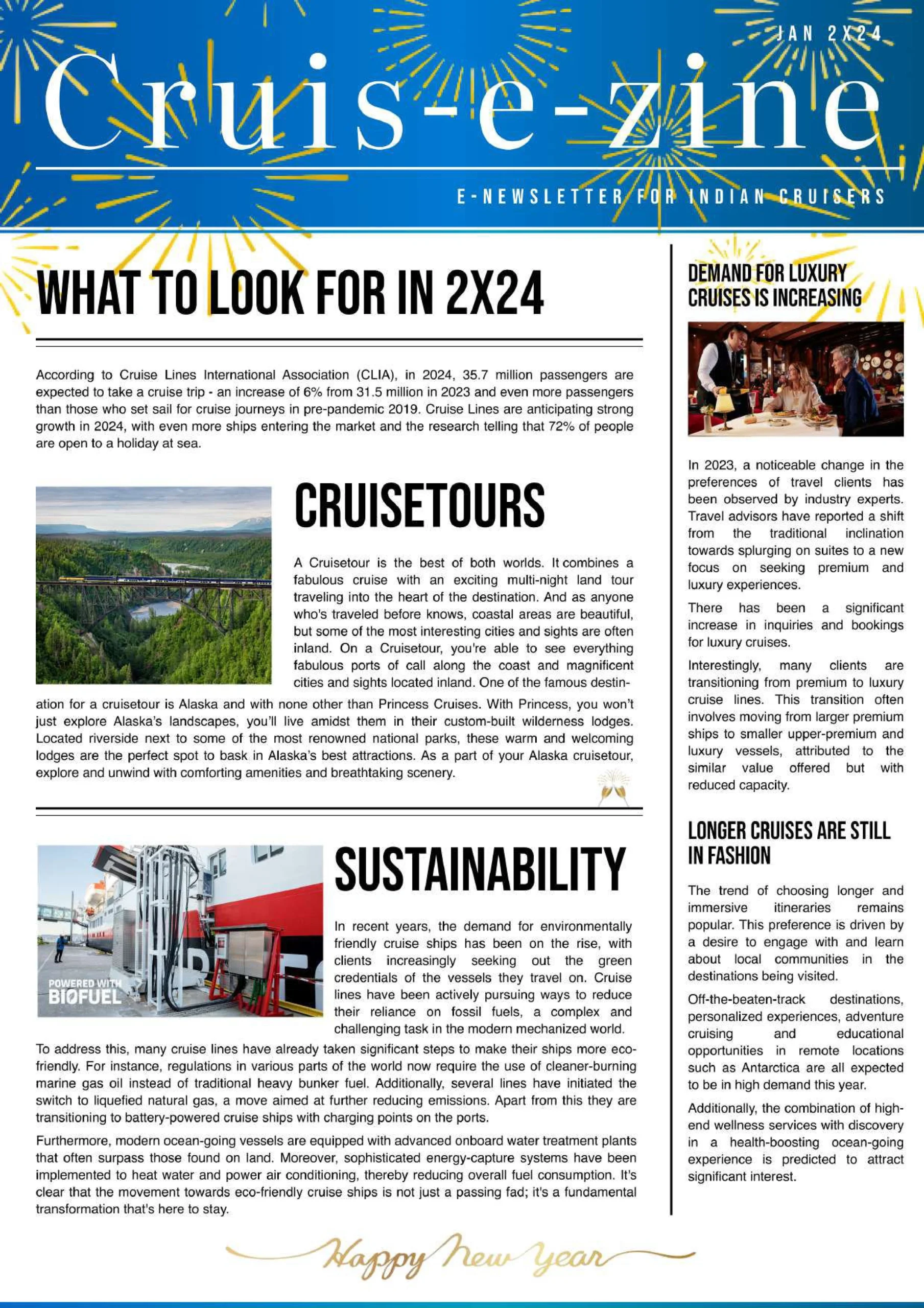 Cruis-e-zine January 2024 digital magazine cover highlighting 2024 cruise trends, cruise tours, sustainability, and travel insights.