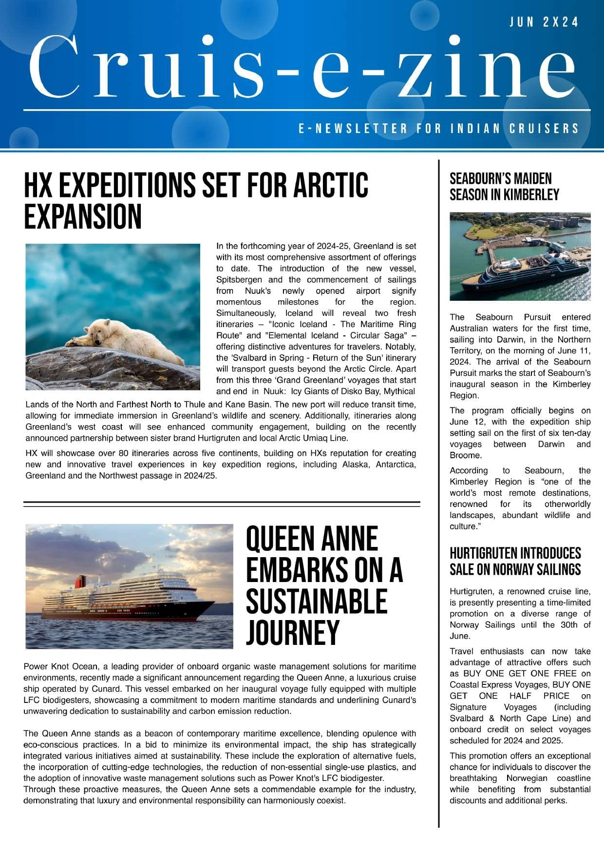 Cruis-e-zine June 2024 digital magazine cover featuring HX Expeditions' Svalbard expansion, sustainability initiatives, and cruise travel news.
