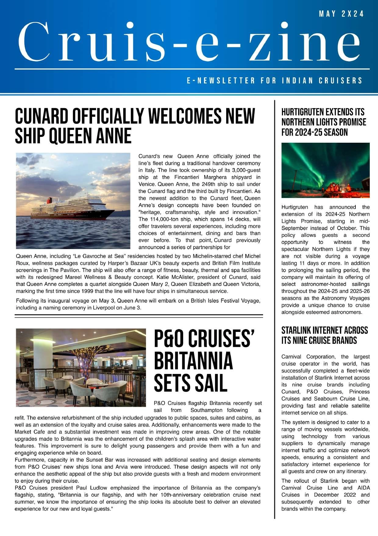 Cruis-e-zine May 2024 digital magazine cover featuring Cunard's Queen Anne, P&O Cruises, and the latest cruise industry news.