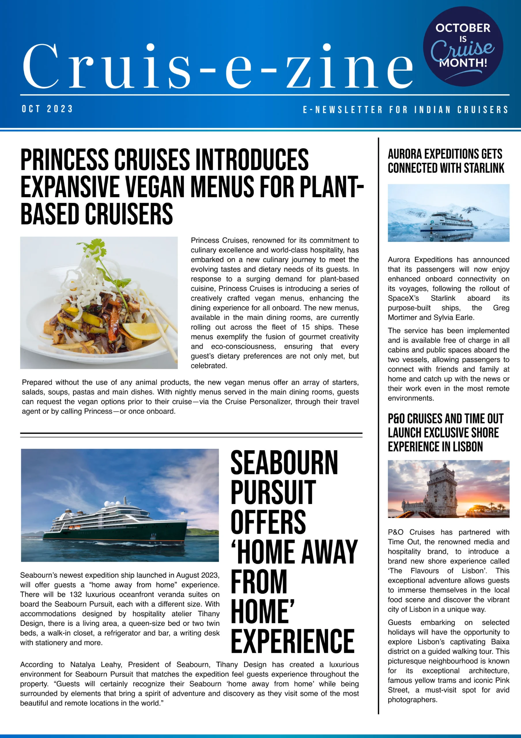 Cruis-e-zine October 2023 digital magazine cover highlighting Princess Cruises, Seabourn expedition experiences, and cruise industry news.