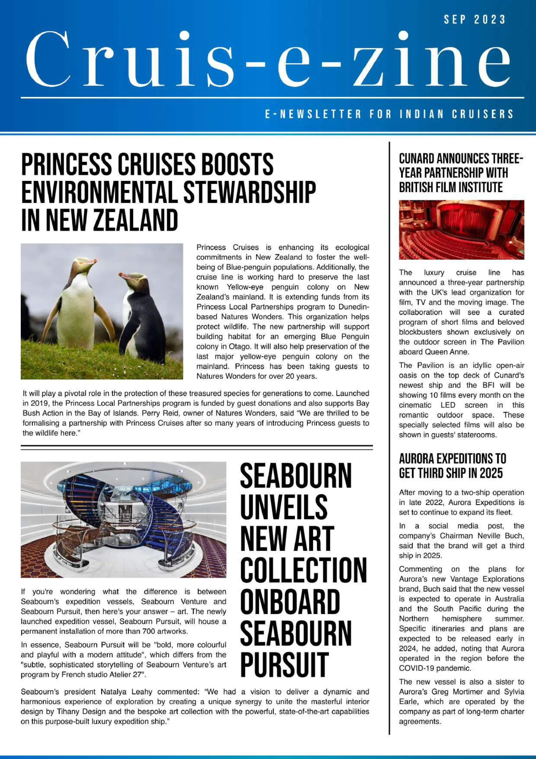 Cruis-e-zine September 2023 digital magazine cover featuring Princess Cruises, environmental stewardship, Seabourn expedition news, and cruise updates.