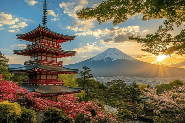 Japan cruise destination featuring Mount Fuji, traditional pagoda and scenic countryside