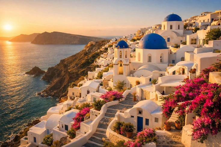 Greece cruise destination featuring Santorini island views with white buildings and blue domes