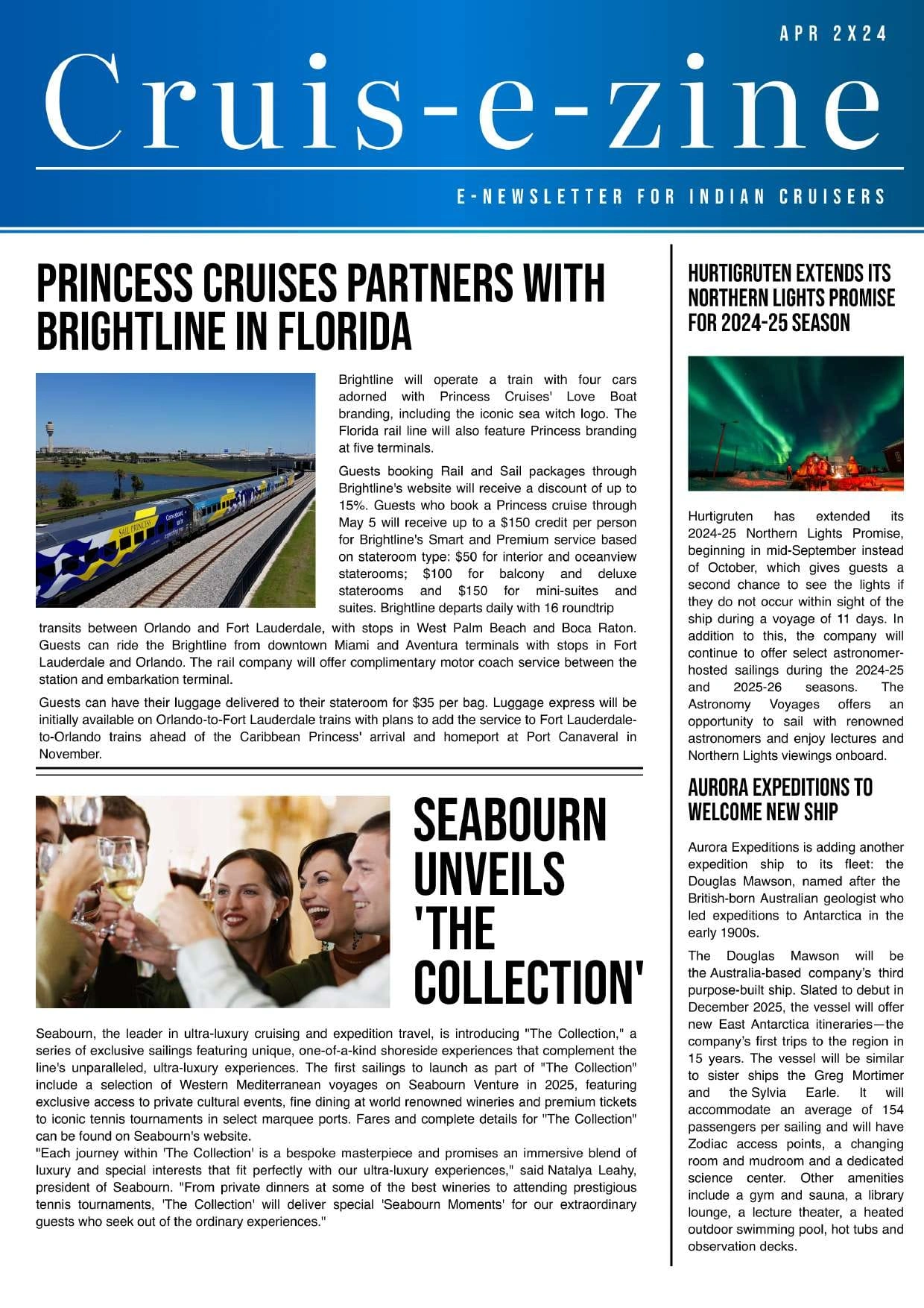 Cover of the Cruis-e-zine April 2024 issue featuring Princess Cruises, Seabourn and the latest cruise industry news.