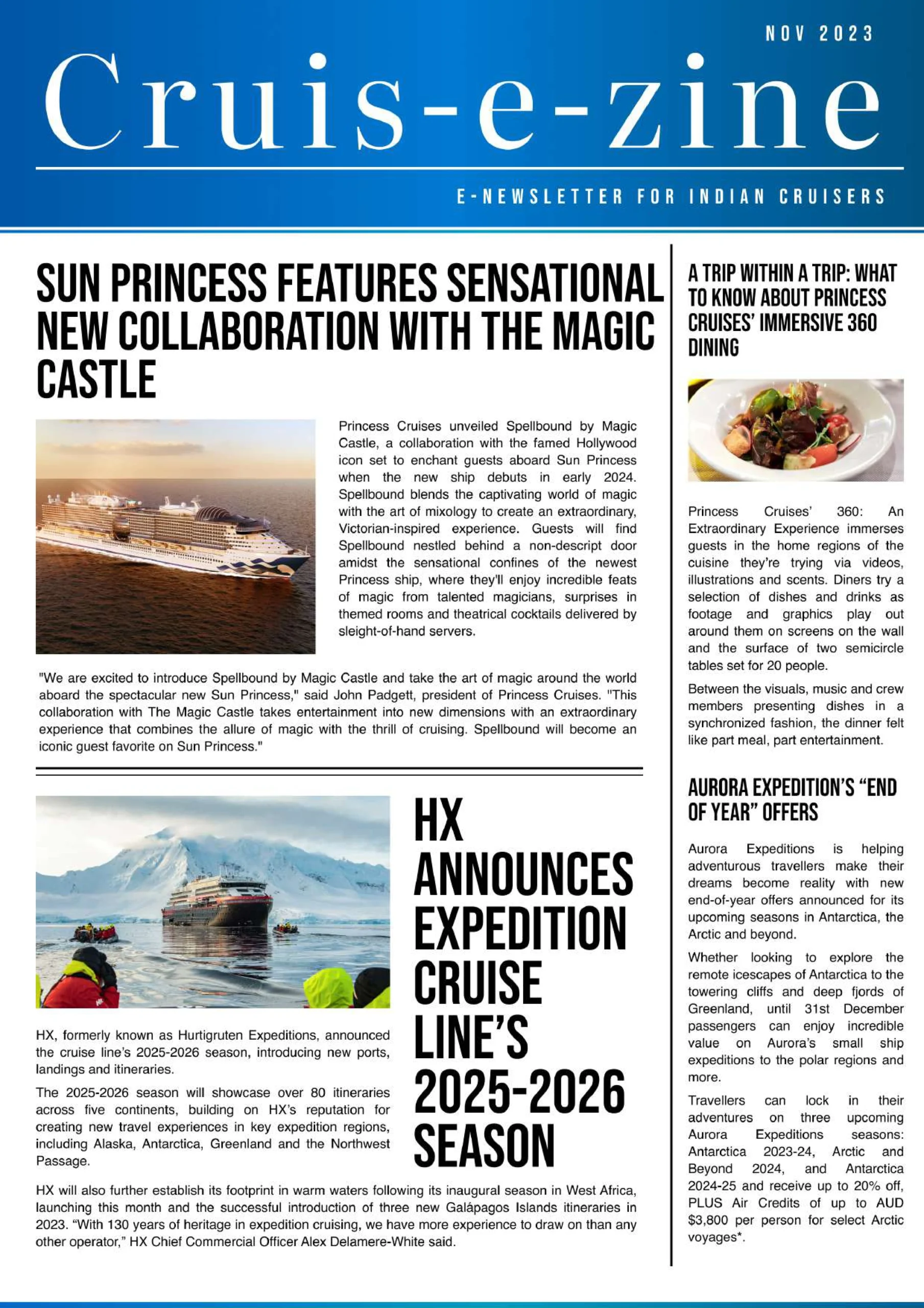 Cruis-e-zine November 2023 digital magazine cover featuring HX Expeditions' 2025-2026 expedition cruise season, Scenic collaboration, and cruise industry news.