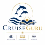 CruiseGuru logo featuring dolphins, an open book, ocean waves, and a compass symbol representing cruise knowledge, guidance, and travel expertise.