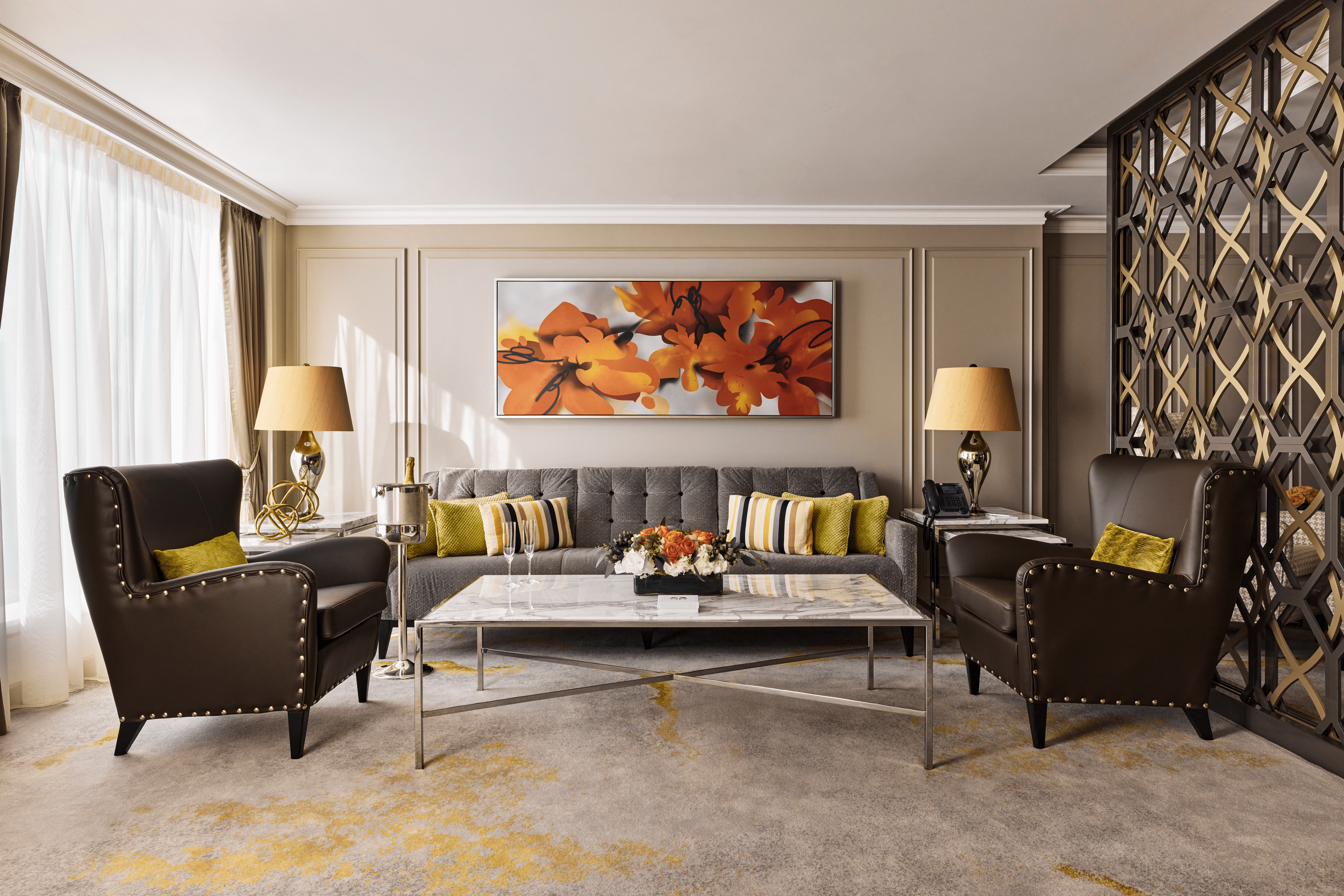 Crystal Cruises luxury suite featuring elegant furnishings, spacious interiors, and premium ocean-view accommodation.