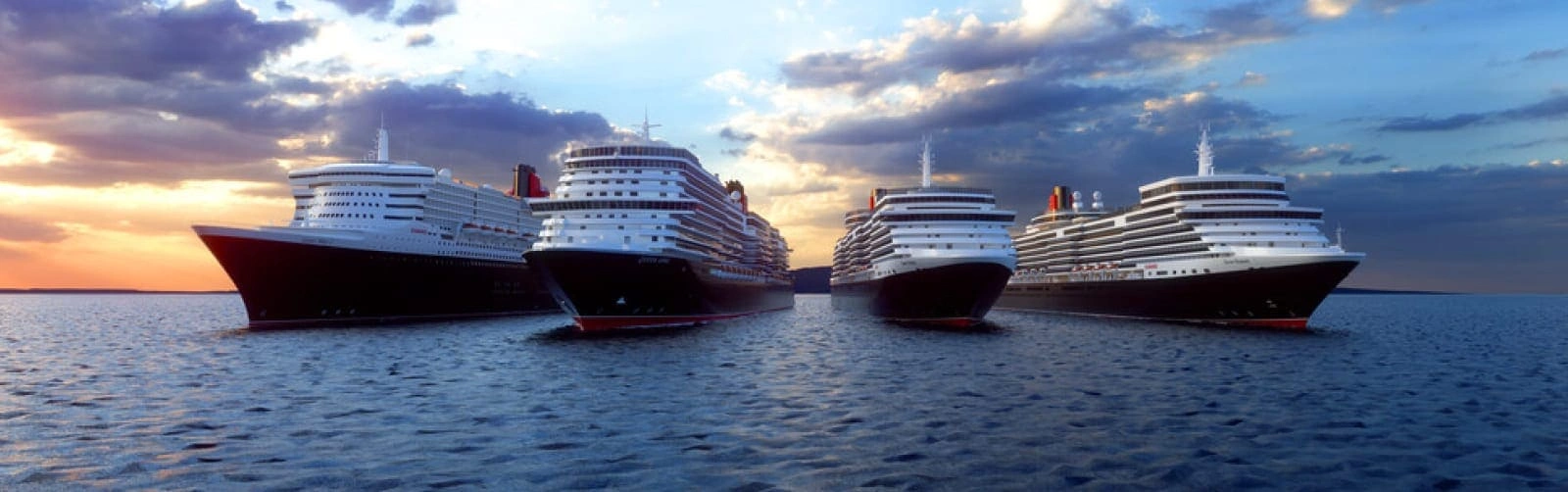 Cunard's fleet of luxury ocean liners sailing together at sunset.