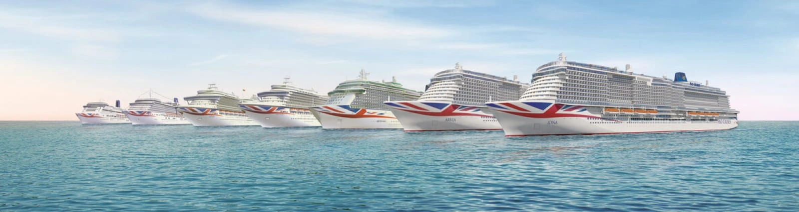P&O Cruises fleet of modern cruise ships sailing together across the ocean.