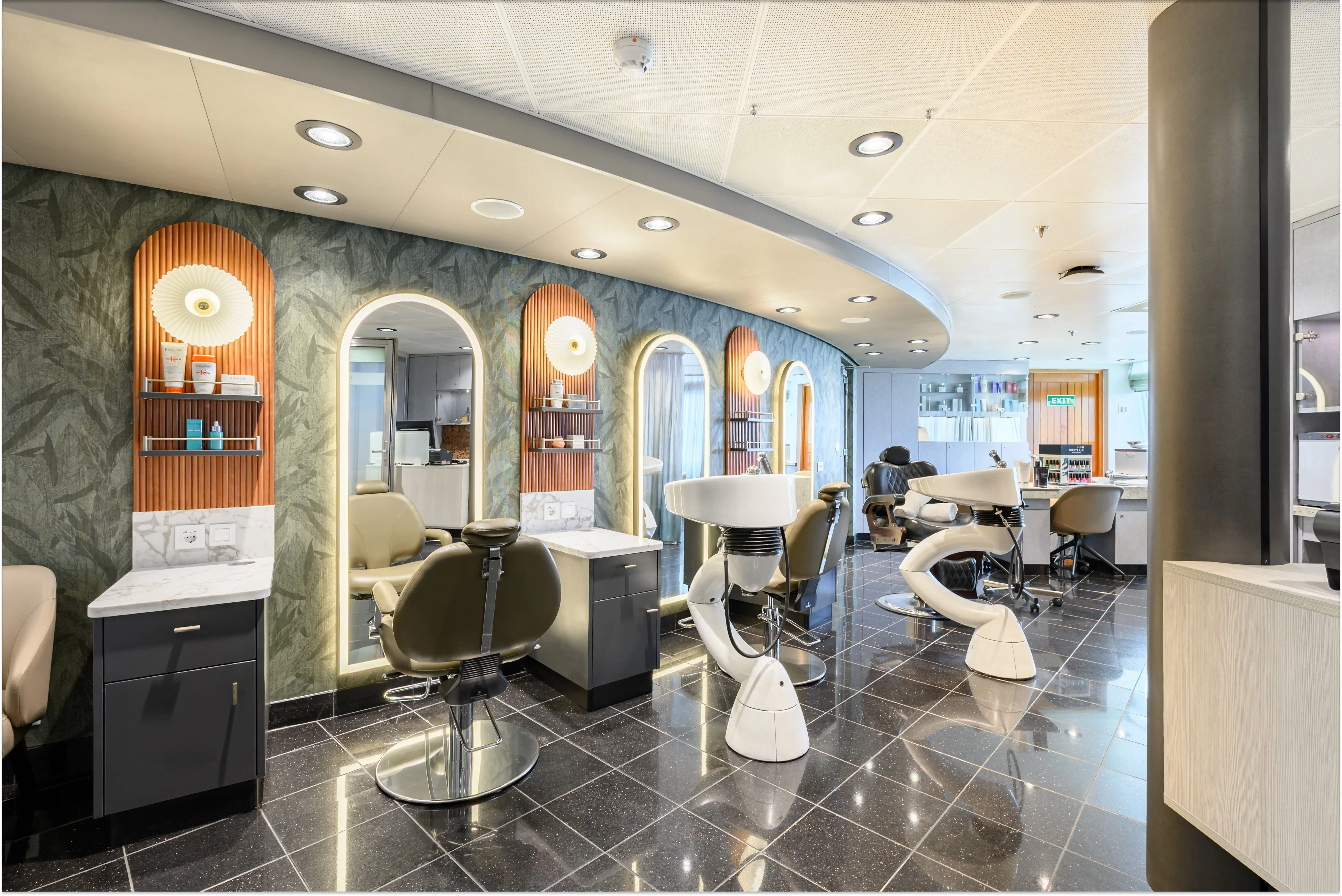 Luxury salon aboard a Seabourn cruise ship offering professional hair styling, beauty treatments, and premium grooming services.