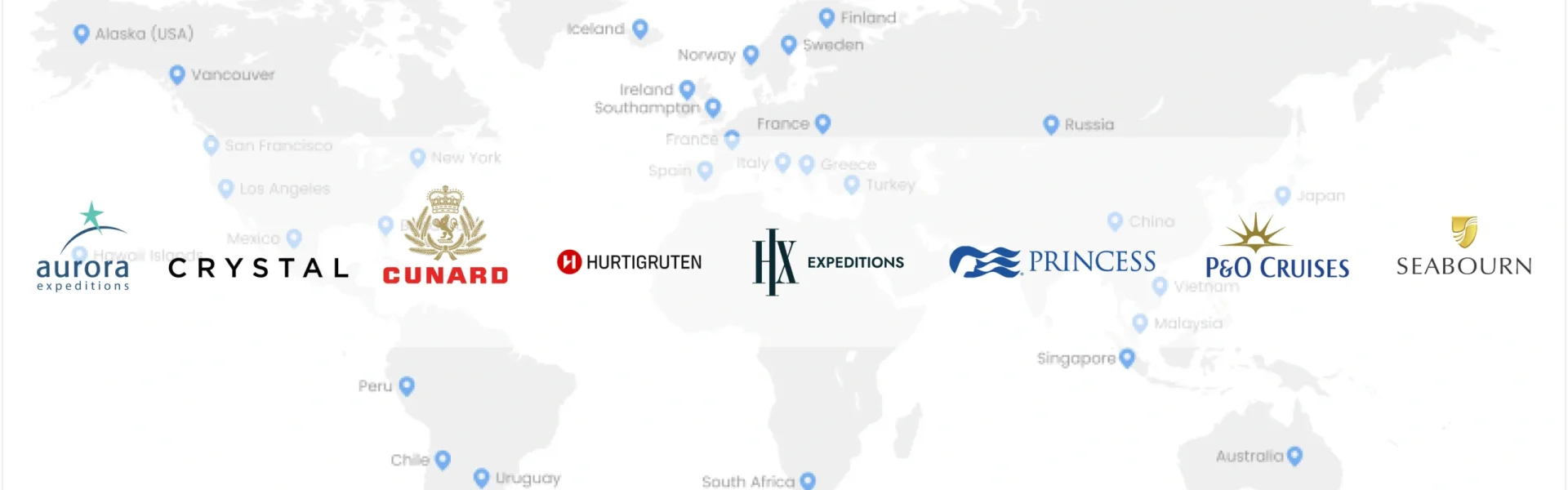 About Us page featuring our trusted global cruise partners on a world map, including Aurora Expeditions, Crystal, Cunard, Hurtigruten, HX Expeditions, Princess Cruises, P&O Cruises - UK and Seabourn.