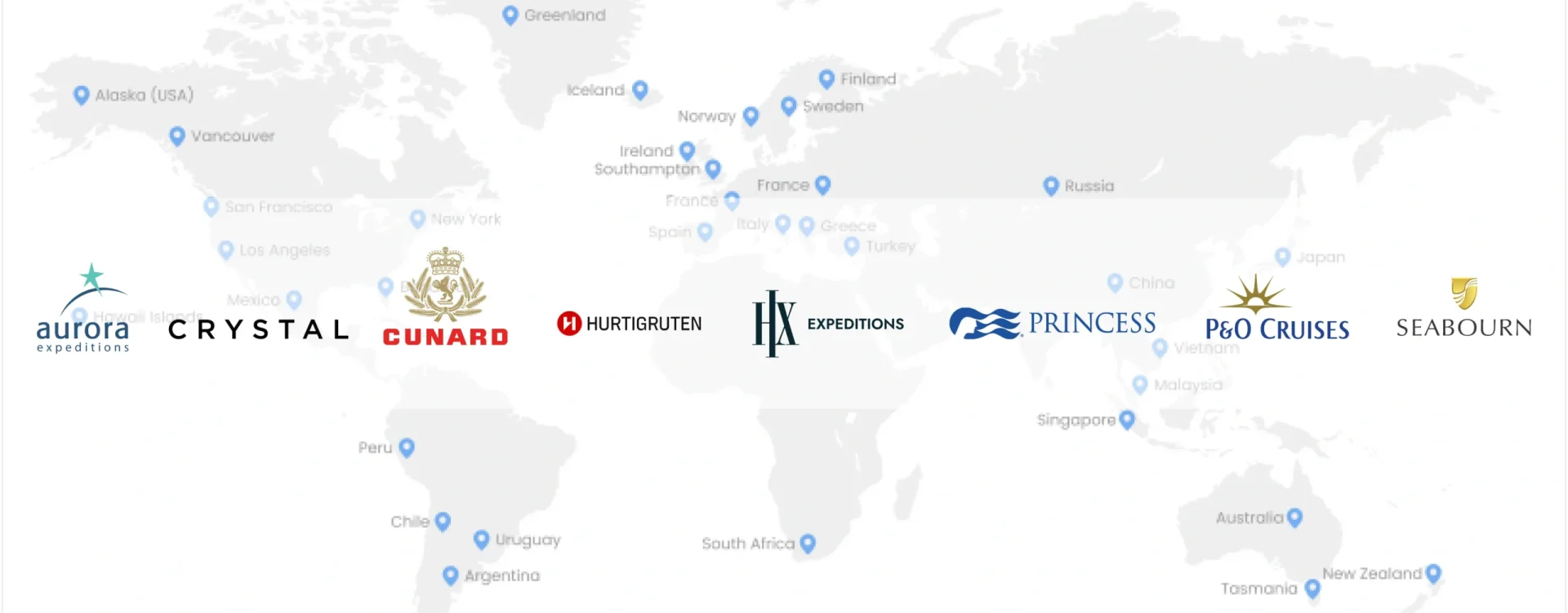 About Us page featuring our trusted global cruise partners on a world map, including Aurora Expeditions, Crystal, Cunard, Hurtigruten, HX Expeditions, Princess Cruises, P&O Cruises - UK and Seabourn.