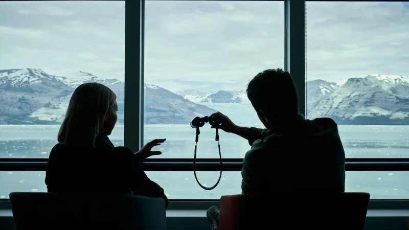Two passengers looking through binoculars from a ship's observation lounge.