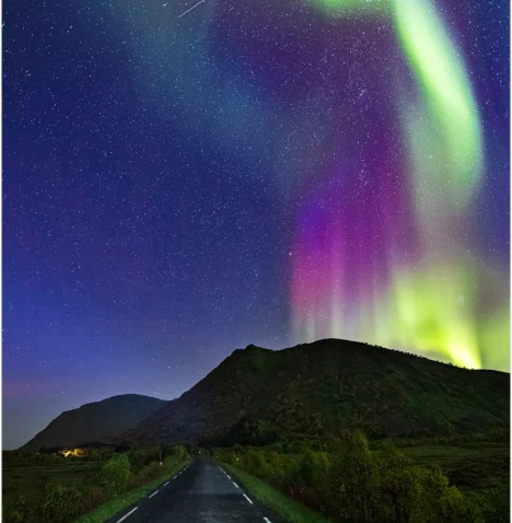Hurtigruten Northern Lights Cruises | Cruise Professionals Northern Lights dancing above the Norwegian landscape during a Hurtigruten Arctic cruise through Northern Norway.