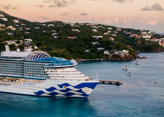 An aerial view of a Princess Cruises ship sailing near a lush tropical coastline.