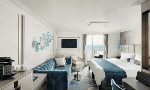 Elegant ocean-view suite aboard a Crystal Cruises ship featuring modern luxury interiors and premium accommodation.