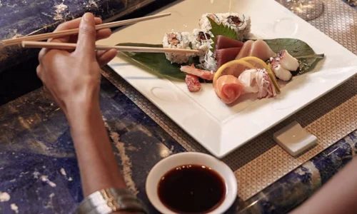 Fresh sushi elegantly presented at a Crystal Cruises specialty restaurant.